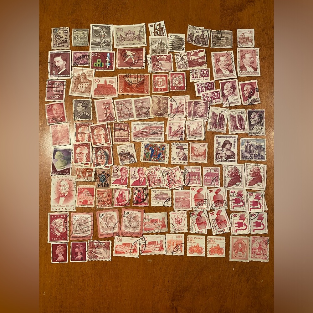 Vintage international & USA Postal Stamps - over 100 postmarked. Reds#1